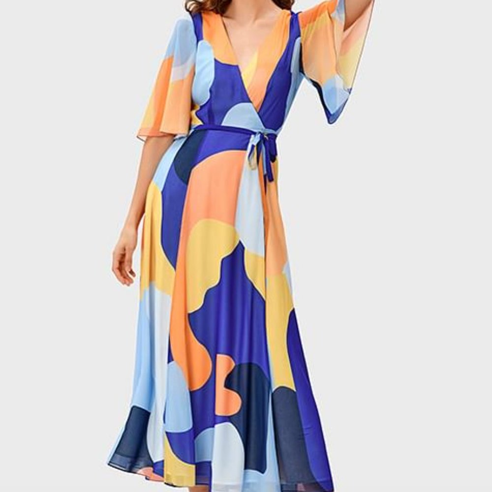 eShakti Flutter Sleeve Abstract Print Wrap Dress (multicolor/blue/orange/yellow)